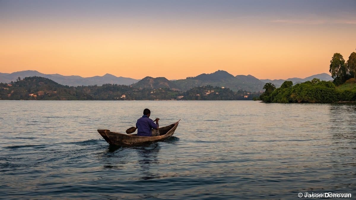 Dugout canoe at sunset on Lake Kivu, Rwanda