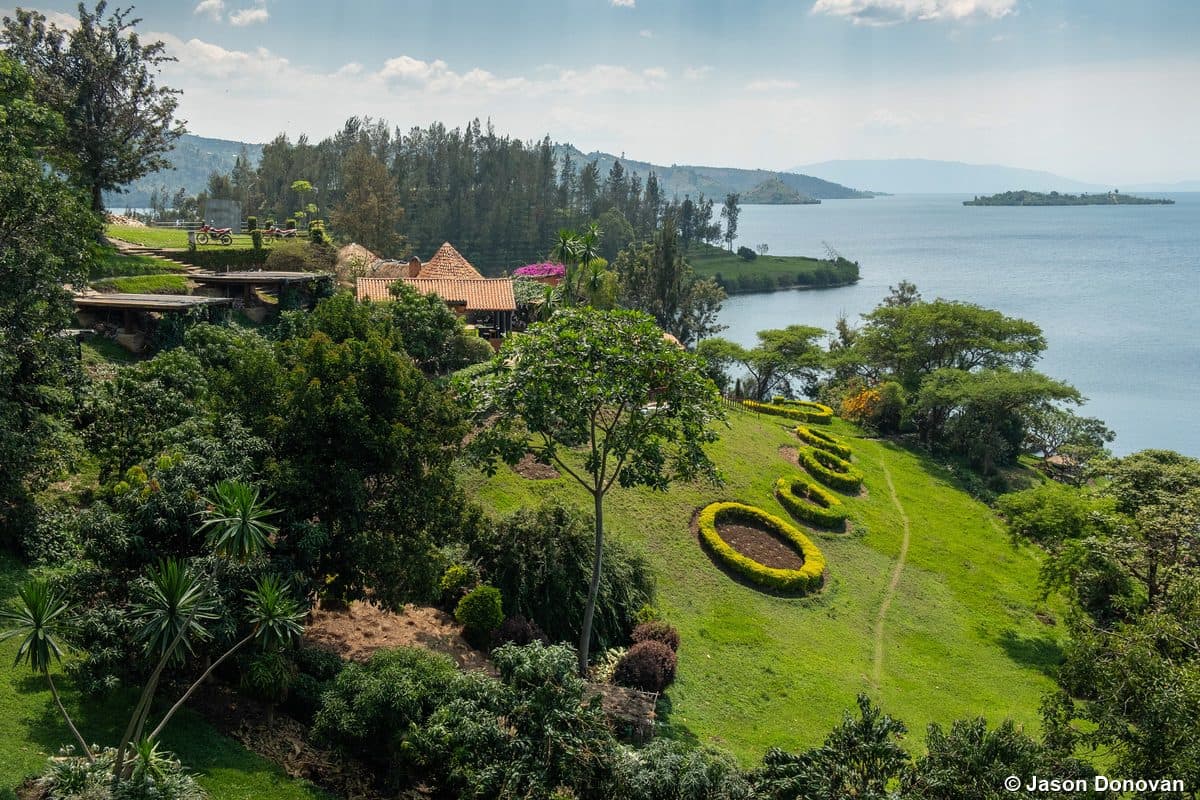 Lake Kivu shoreline with hills, Rwanda